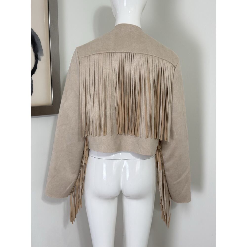 Women’s Boho Western Fringe Faux Suede Jacket Beige Festival Cowgirl Size L - Picture 8 of 13